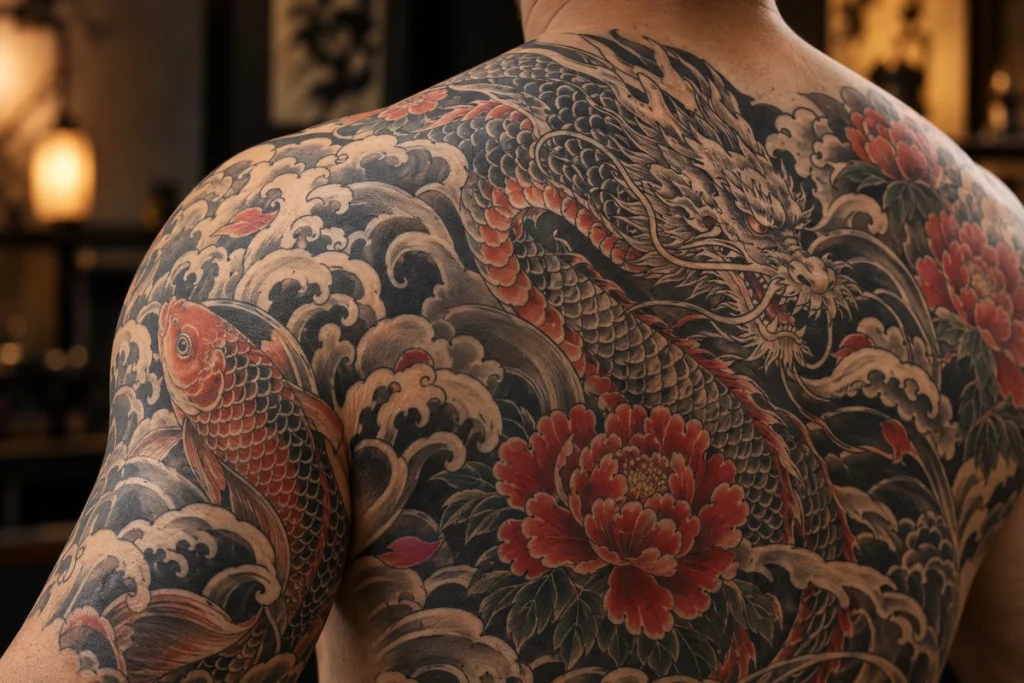 Tatuaje japonés de un dragón tradicional en la espalda de un hombre.