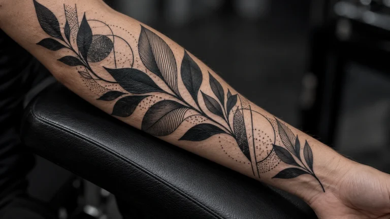 Tatuaje blackwork en el antebrazo con hojas, motivos geométricos y puntillismo en tinta negra.